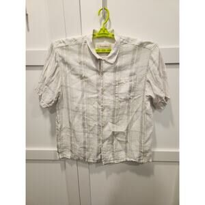 Tommy Bahama Shirt Mens Large White Beige Plaid 100% Linen Short Sleeve Preppy